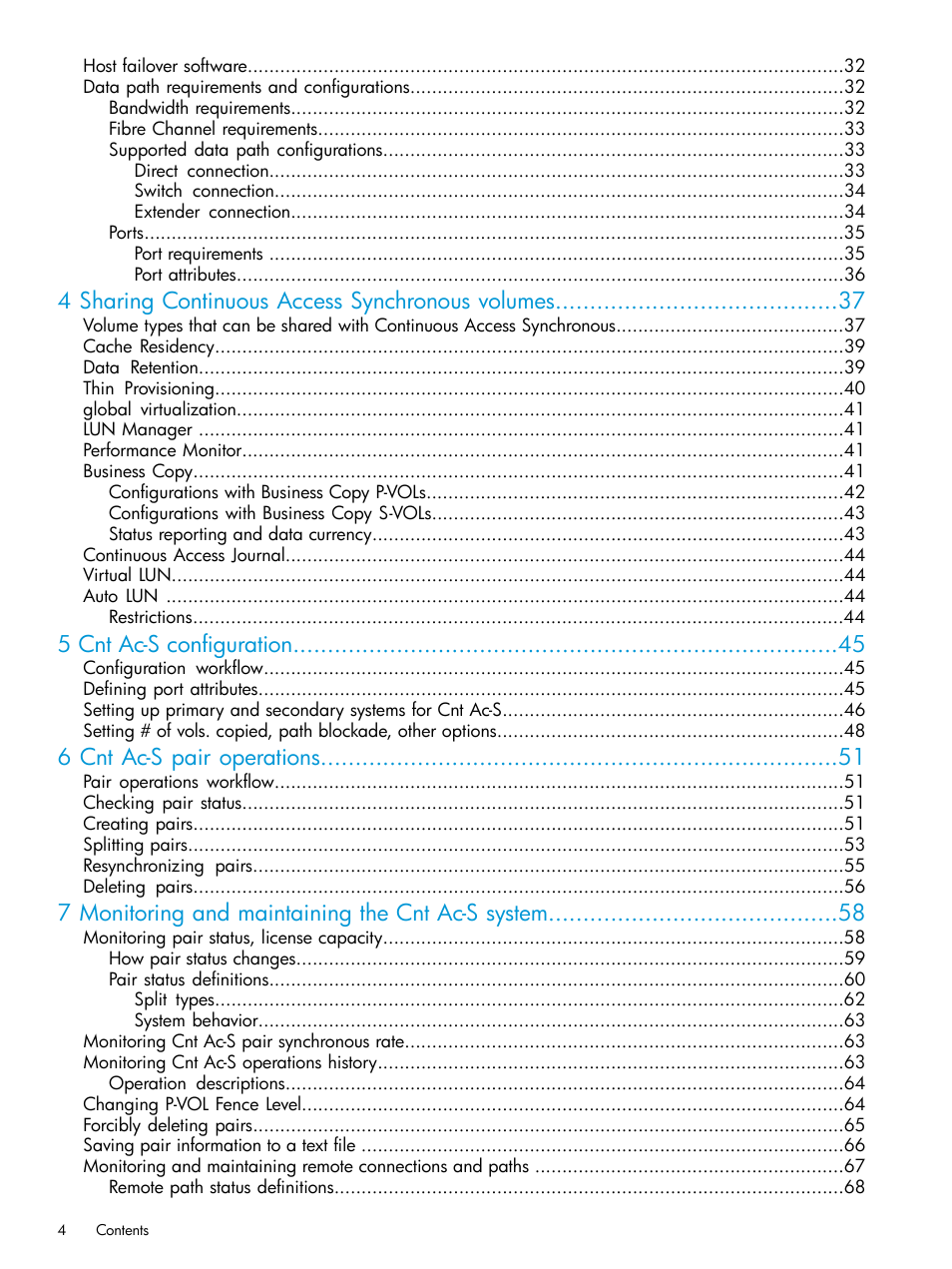 4 sharing continuous access synchronous volumes, 5 cnt ac-s configuration, 6 cnt ac-s pair operations | 7 monitoring and maintaining the cnt ac-s system | HP XP Racks User Manual | Page 4 / 154