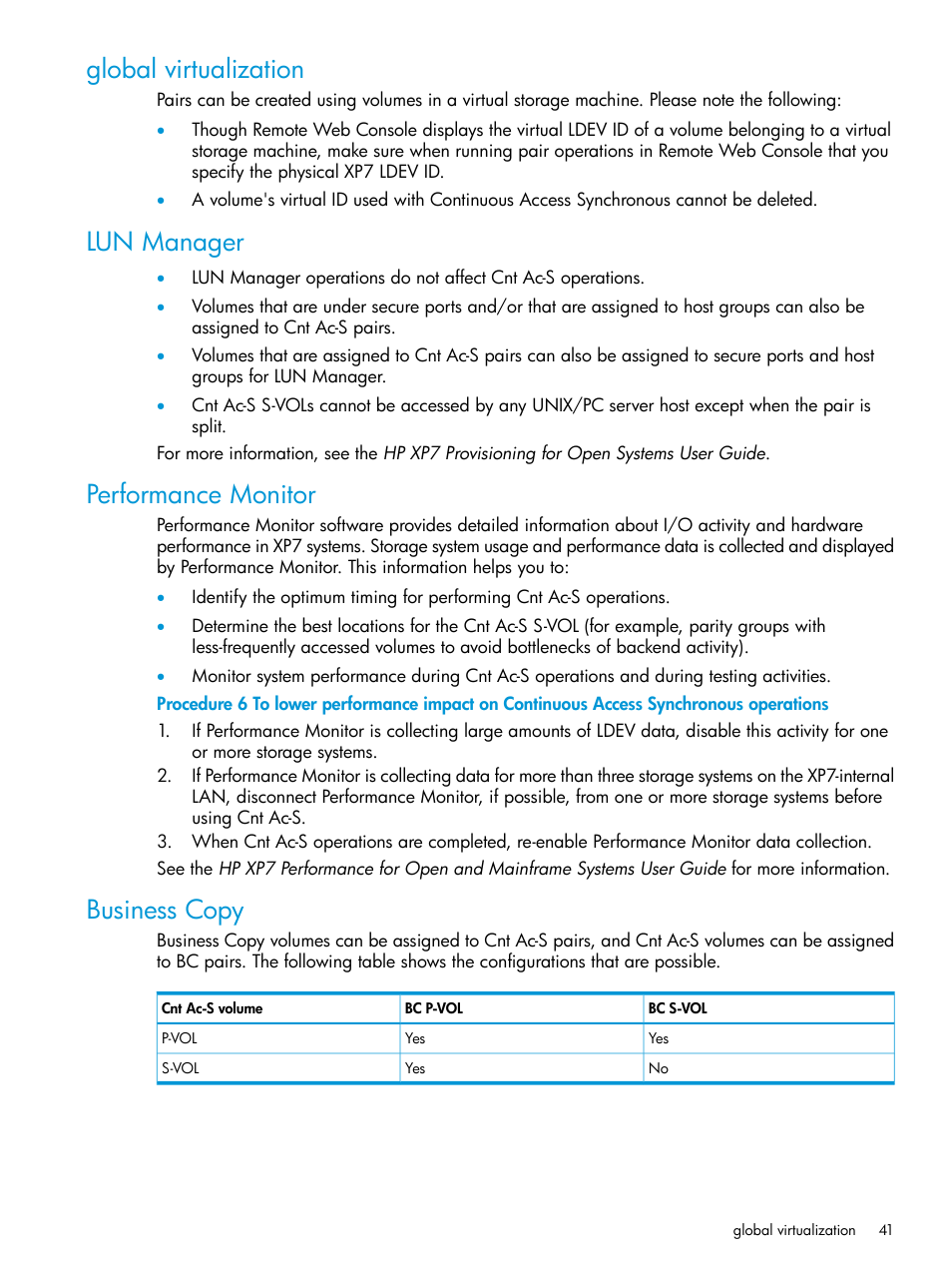 Global virtualization, Lun manager, Performance monitor | Business copy | HP XP Racks User Manual | Page 41 / 154