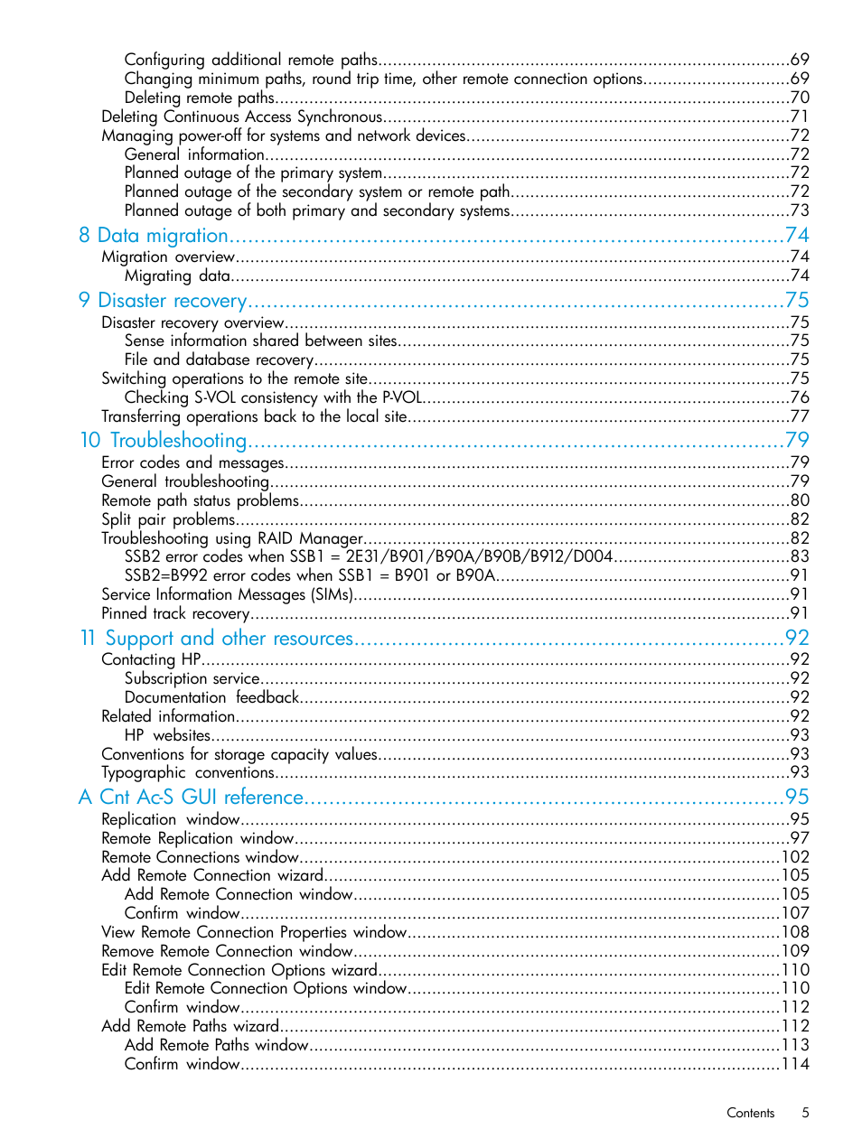 8 data migration, 9 disaster recovery, 10 troubleshooting | 11 support and other resources, A cnt ac-s gui reference | HP XP Racks User Manual | Page 5 / 154