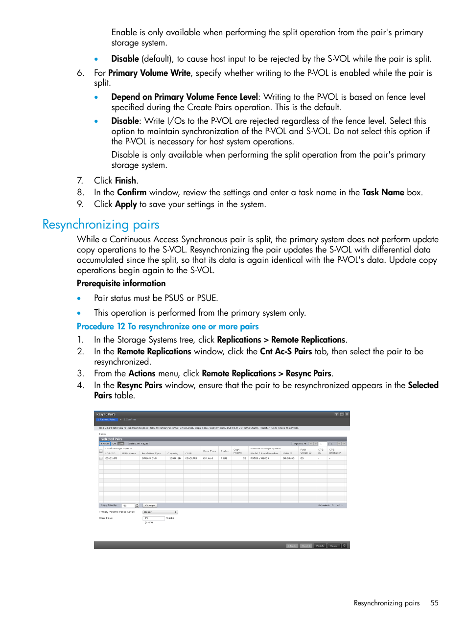 Resynchronizing pairs | HP XP Racks User Manual | Page 55 / 154