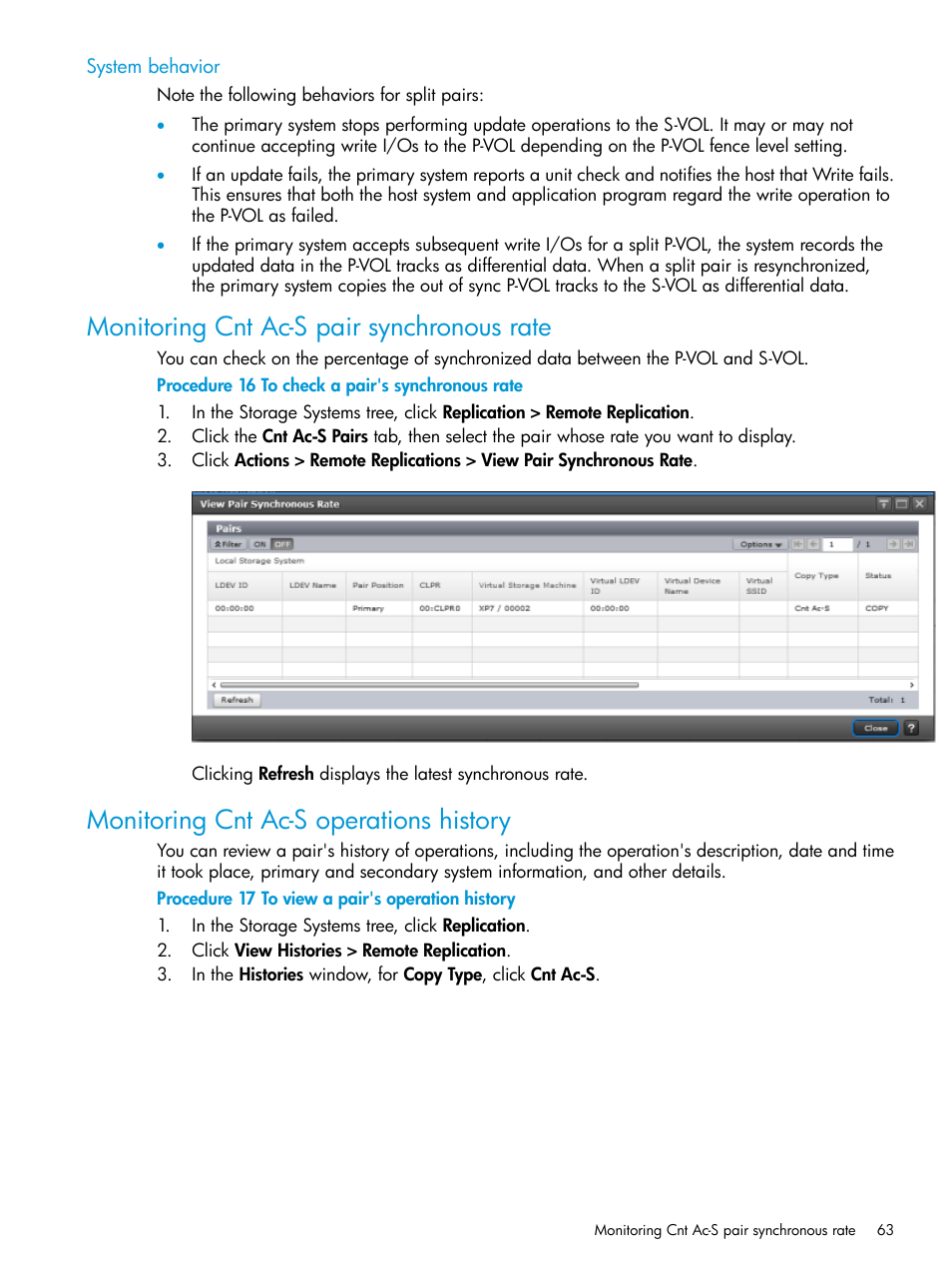 System behavior, Monitoring cnt ac-s pair synchronous rate, Monitoring cnt ac-s operations history | HP XP Racks User Manual | Page 63 / 154