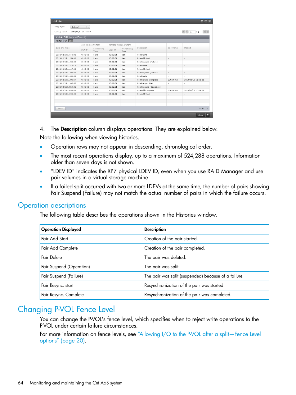 Operation descriptions, Changing p-vol fence level | HP XP Racks User Manual | Page 64 / 154