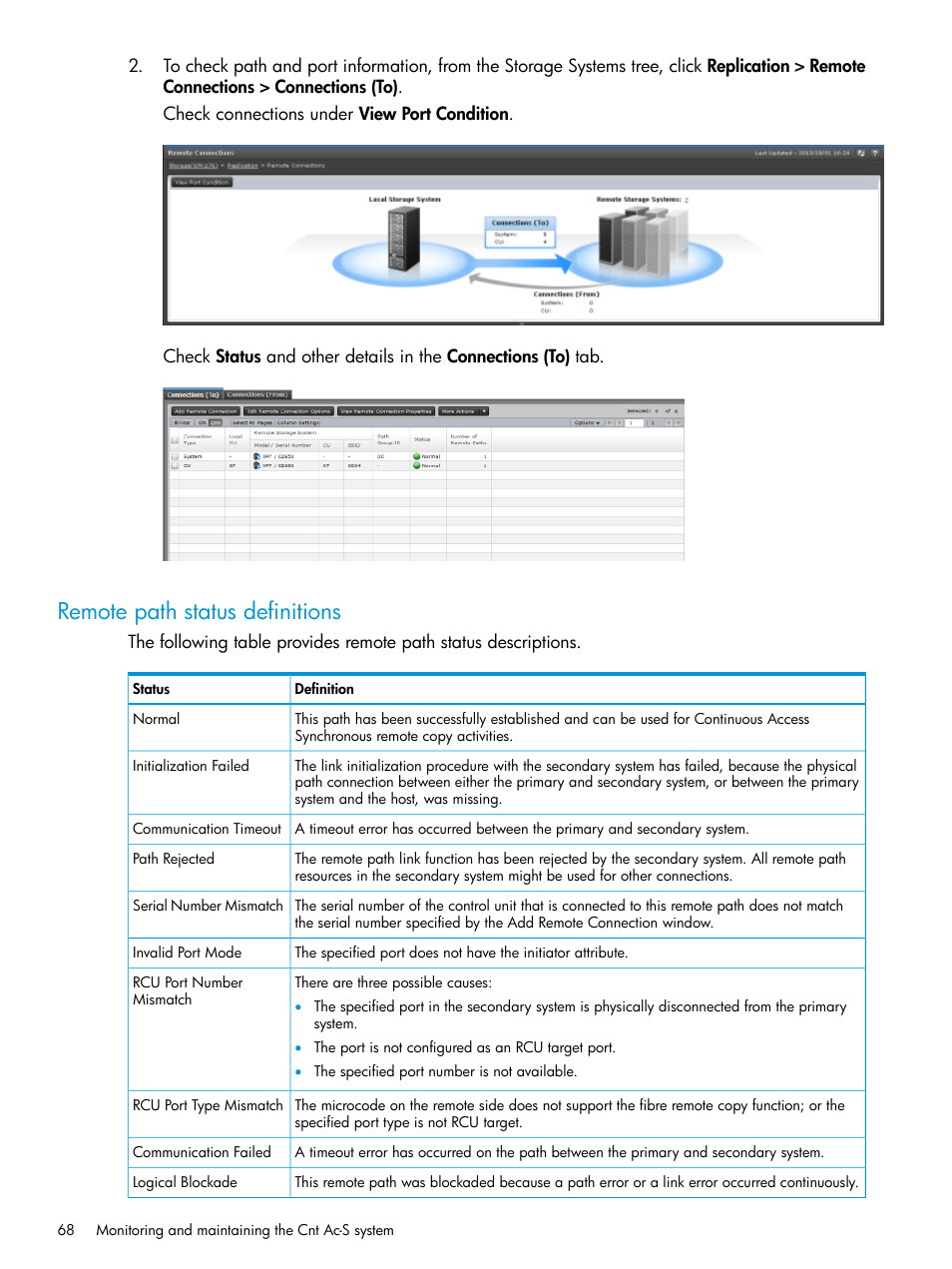 Remote path status definitions | HP XP Racks User Manual | Page 68 / 154