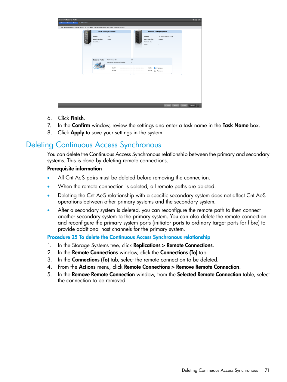 Deleting continuous access synchronous, Deleting | HP XP Racks User Manual | Page 71 / 154