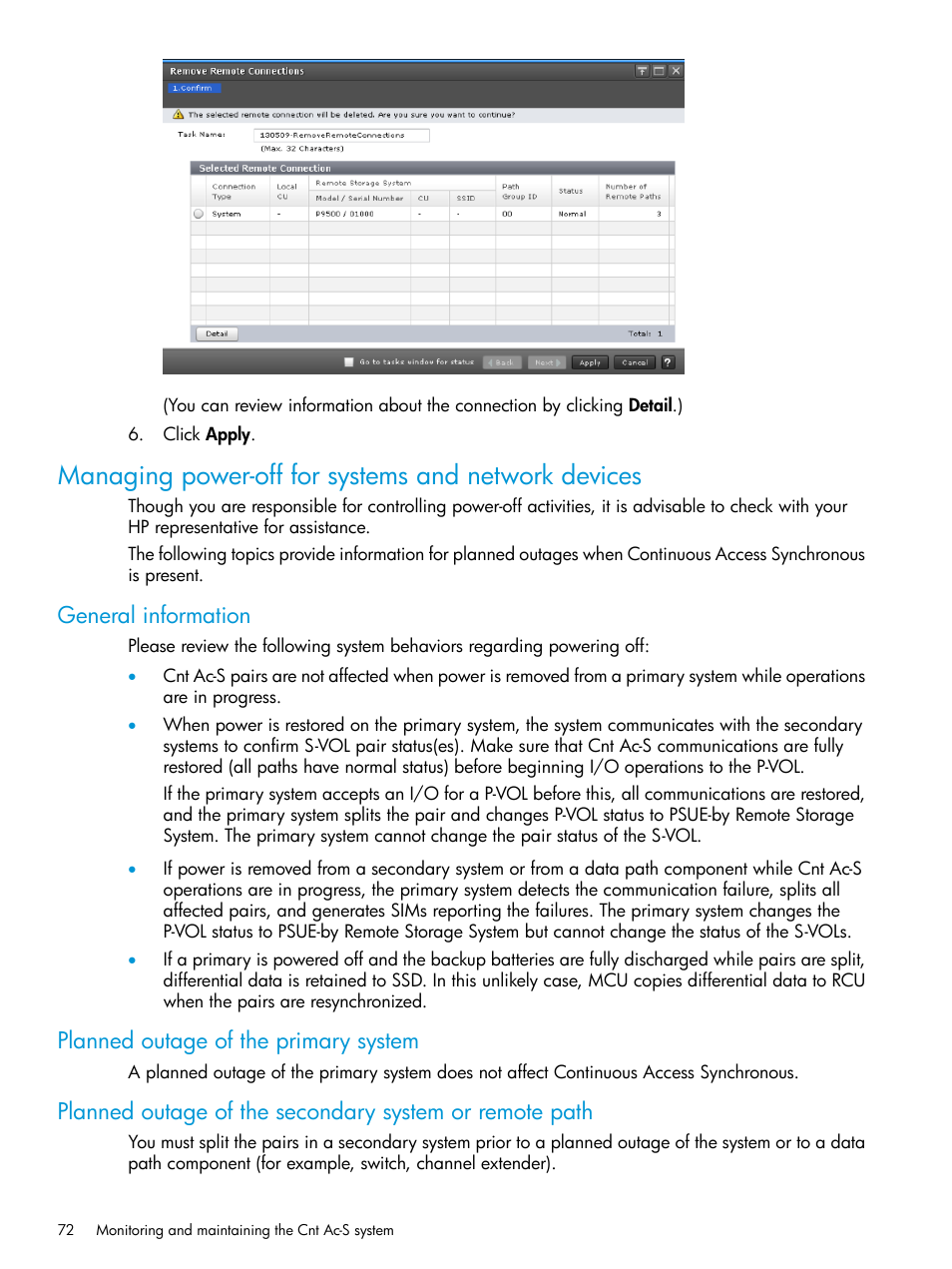 Managing power-off for systems and network devices, General information, Planned outage of the primary system | HP XP Racks User Manual | Page 72 / 154