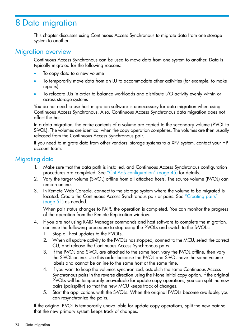 8 data migration, Migration overview, Migrating data | HP XP Racks User Manual | Page 74 / 154