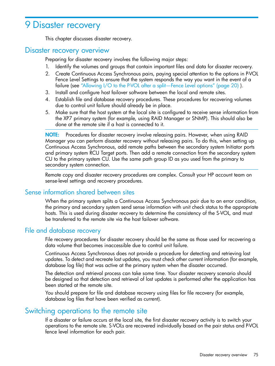 9 disaster recovery, Disaster recovery overview, Sense information shared between sites | File and database recovery, Switching operations to the remote site | HP XP Racks User Manual | Page 75 / 154