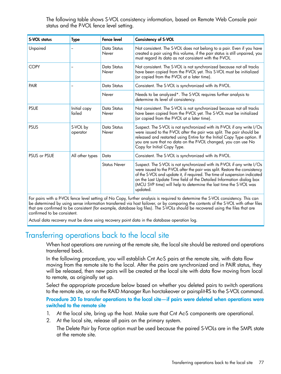 Transferring operations back to the local site | HP XP Racks User Manual | Page 77 / 154