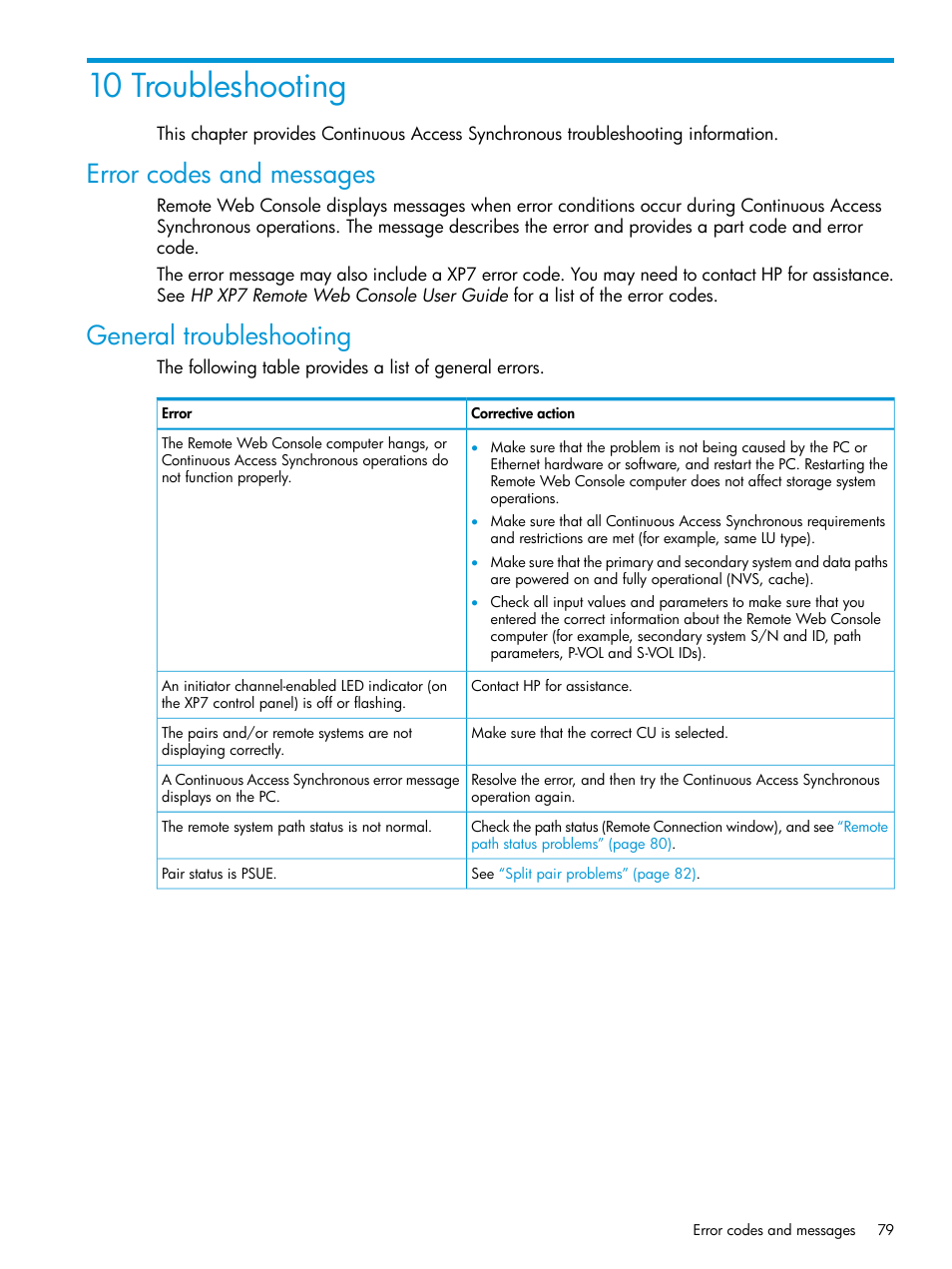 10 troubleshooting, Error codes and messages, General troubleshooting | Error codes and messages general troubleshooting | HP XP Racks User Manual | Page 79 / 154