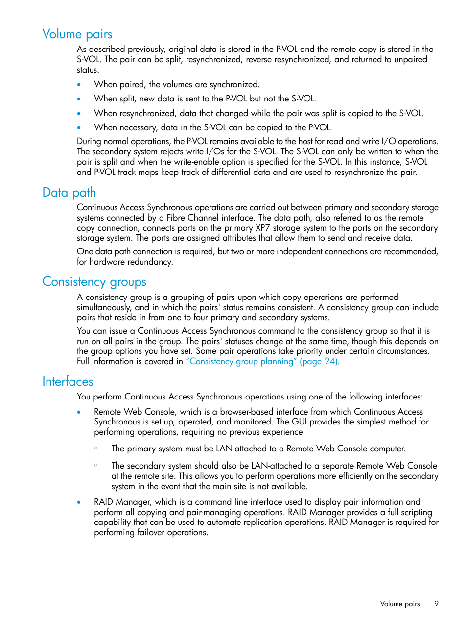 Volume pairs, Data path, Consistency groups | Interfaces | HP XP Racks User Manual | Page 9 / 154