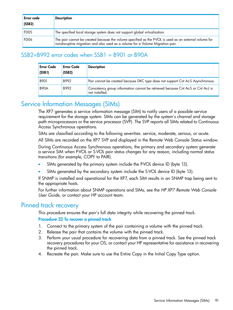 Ssb2=b992 error codes when ssb1 = b901 or b90a, Service information messages (sims), Pinned track recovery | HP XP Racks User Manual | Page 91 / 154