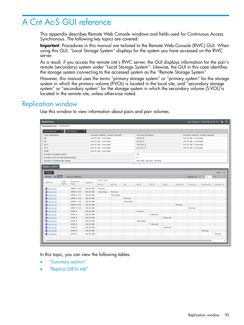 A cnt ac-s gui reference, Replication window | HP XP Racks User Manual | Page 95 / 154