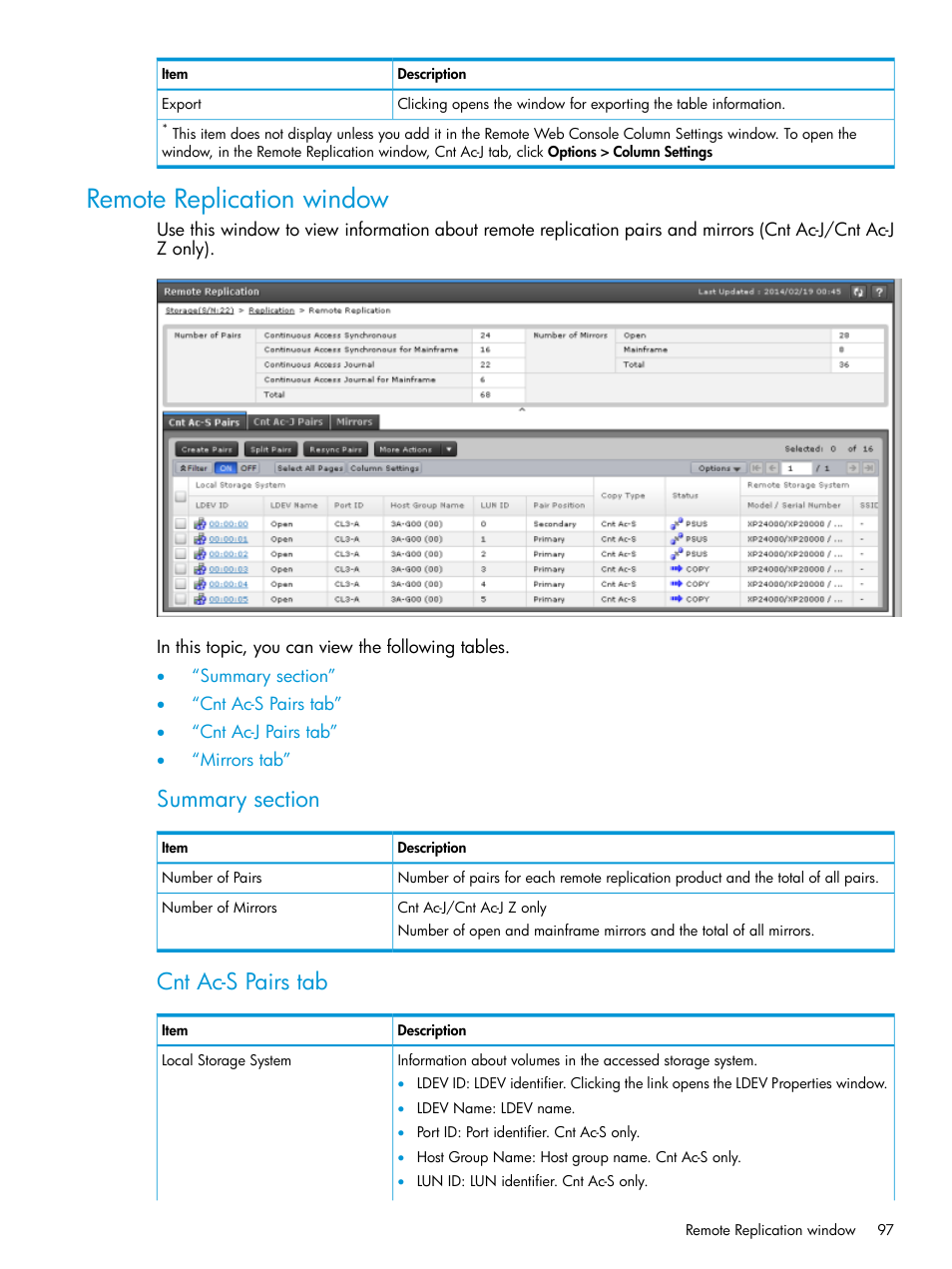 Remote replication window, Cnt ac-s pairs tab | HP XP Racks User Manual | Page 97 / 154