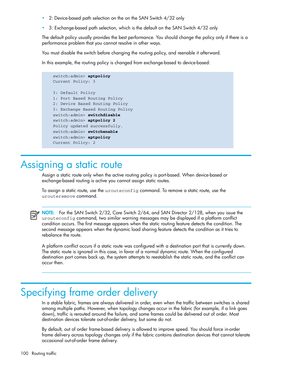 Assigning a static route, Specifying frame order delivery | HP Brocade 4Gb SAN Switch for HP BladeSystem p-Class User Manual | Page 100 / 270