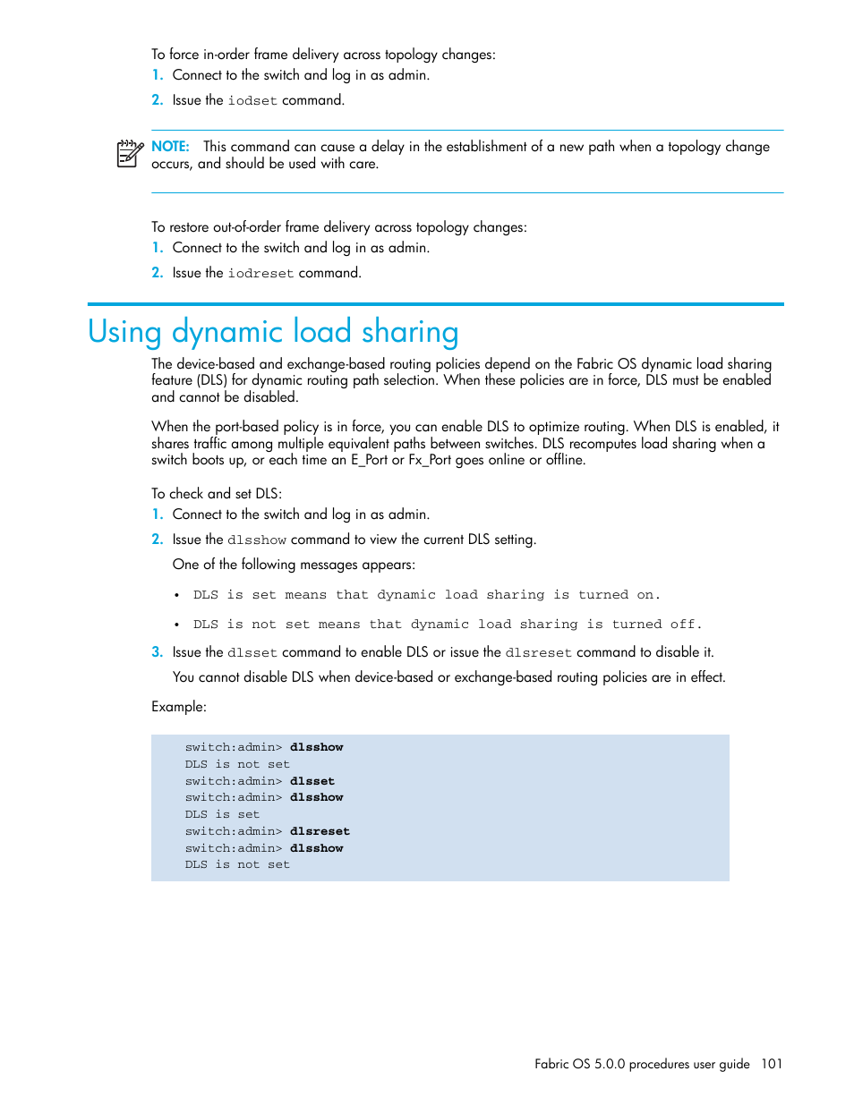 Using dynamic load sharing, To check and set dls | HP Brocade 4Gb SAN Switch for HP BladeSystem p-Class User Manual | Page 101 / 270