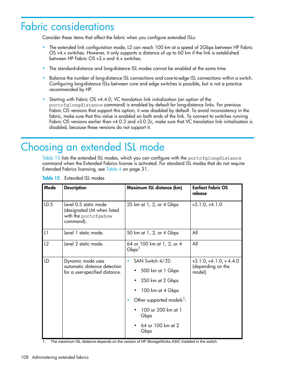 Fabric considerations, Choosing an extended isl mode, Table 15 extended isl modes | 15 extended isl modes, Table 15 | HP Brocade 4Gb SAN Switch for HP BladeSystem p-Class User Manual | Page 108 / 270