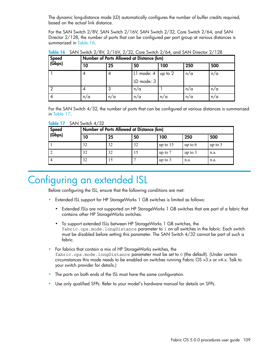 Table 17 san switch 4/32, Configuring an extended isl, 17 san switch 4/32 | HP Brocade 4Gb SAN Switch for HP BladeSystem p-Class User Manual | Page 109 / 270