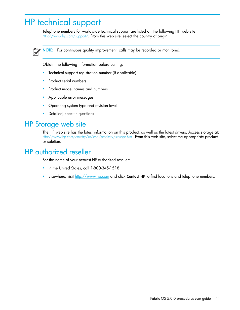 Hp technical support, Hp storage web site, Hp authorized reseller | HP Brocade 4Gb SAN Switch for HP BladeSystem p-Class User Manual | Page 11 / 270