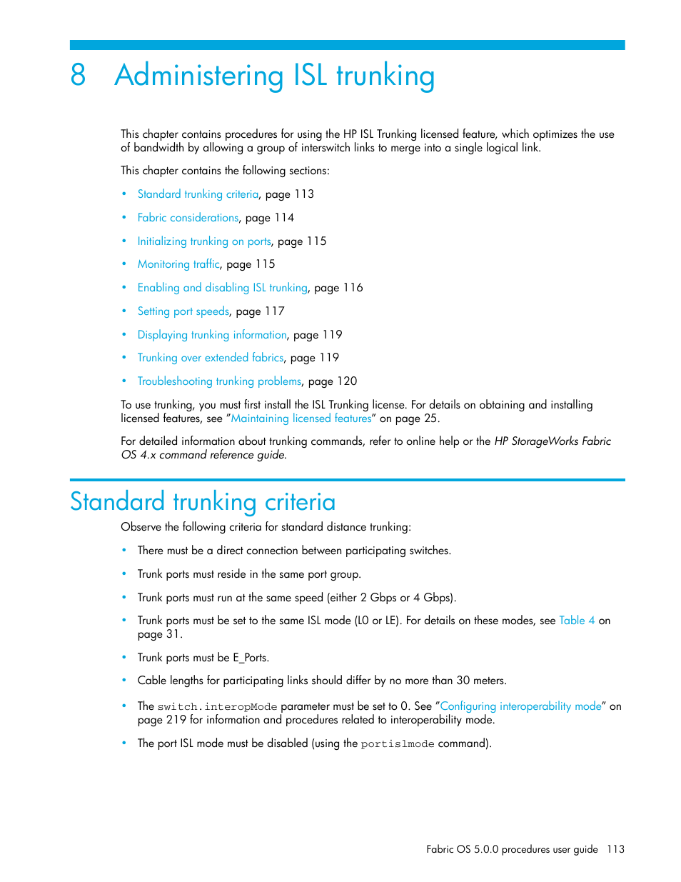 Administering isl trunking, Standard trunking criteria, 8 administering isl trunking | HP Brocade 4Gb SAN Switch for HP BladeSystem p-Class User Manual | Page 113 / 270