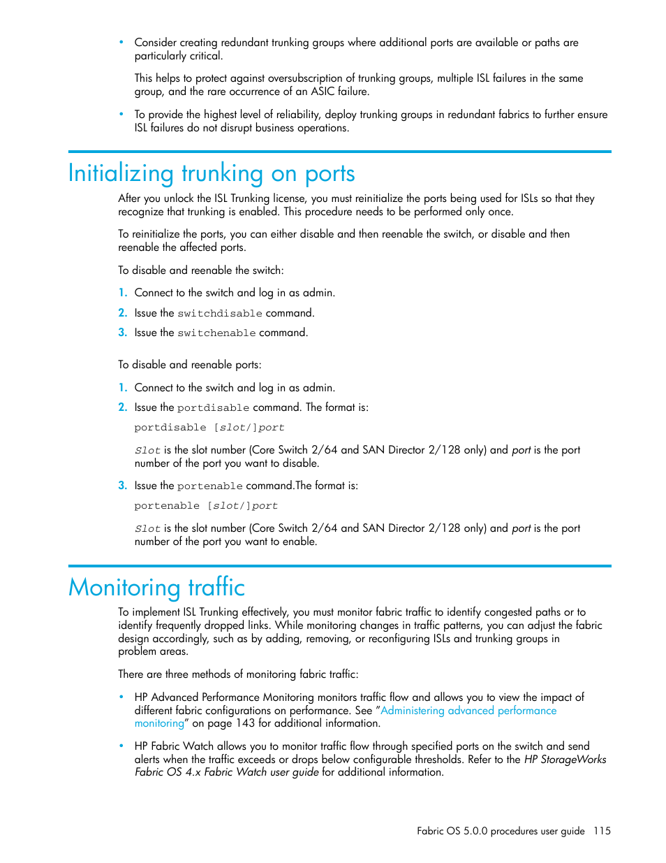 Initializing trunking on ports, Monitoring traffic | HP Brocade 4Gb SAN Switch for HP BladeSystem p-Class User Manual | Page 115 / 270