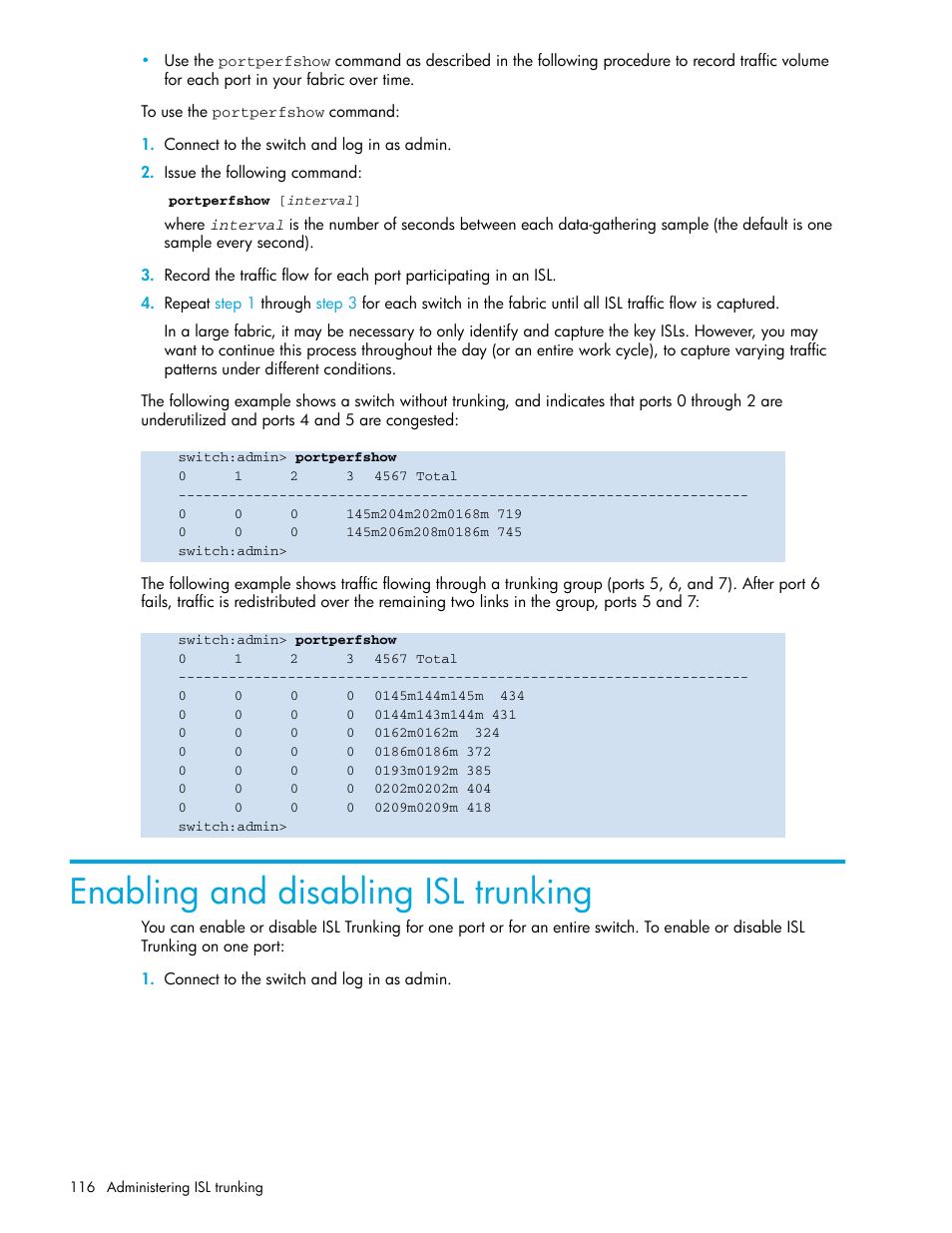 Enabling and disabling isl trunking | HP Brocade 4Gb SAN Switch for HP BladeSystem p-Class User Manual | Page 116 / 270