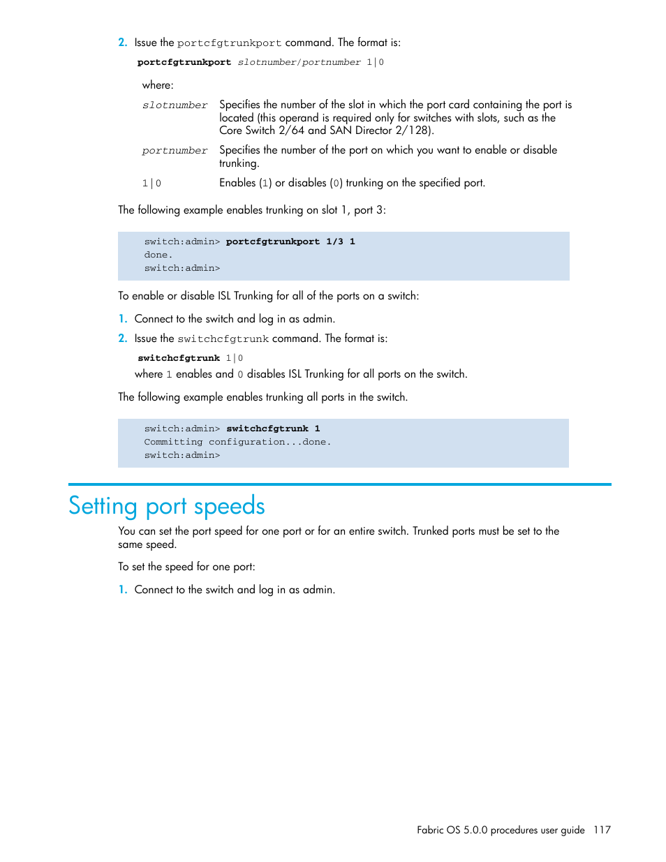 Setting port speeds | HP Brocade 4Gb SAN Switch for HP BladeSystem p-Class User Manual | Page 117 / 270