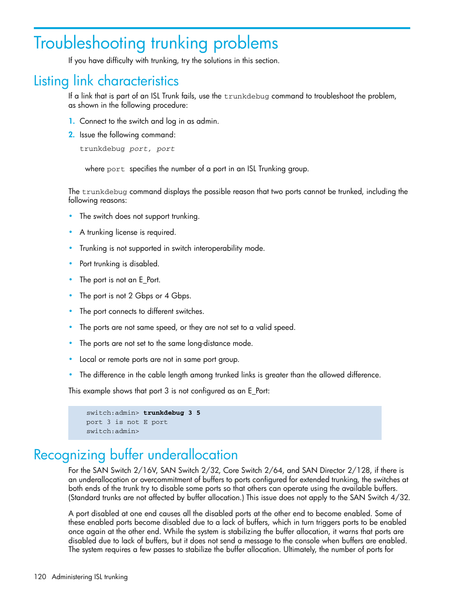 Troubleshooting trunking problems, Listing link characteristics, Recognizing buffer underallocation | HP Brocade 4Gb SAN Switch for HP BladeSystem p-Class User Manual | Page 120 / 270