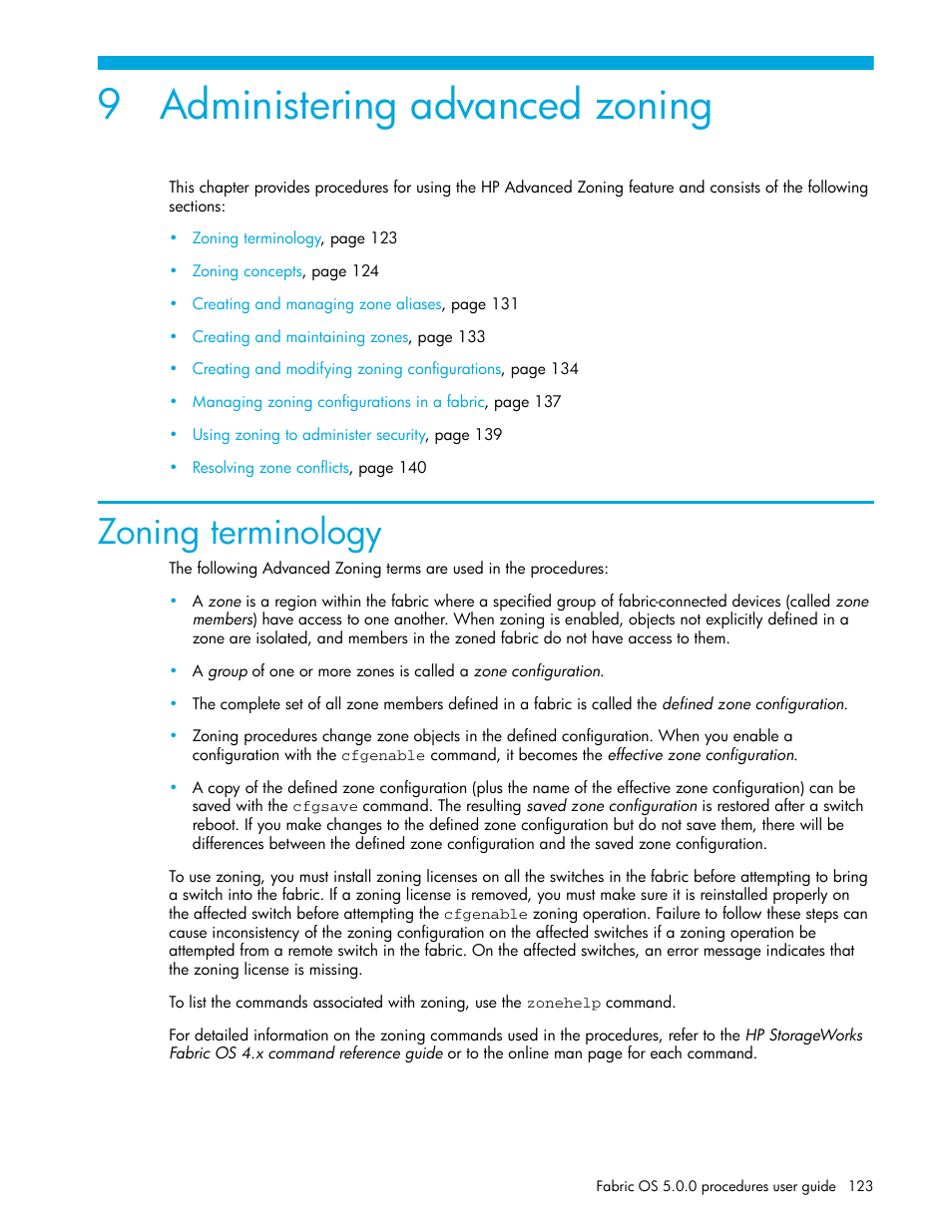 Administering advanced zoning, Zoning terminology, 9 administering advanced zoning | HP Brocade 4Gb SAN Switch for HP BladeSystem p-Class User Manual | Page 123 / 270