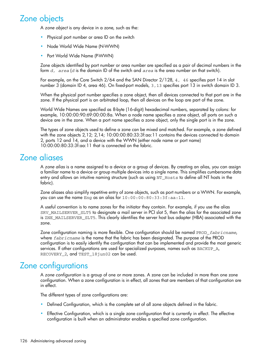 Zone objects, Zone aliases, Zone configurations | HP Brocade 4Gb SAN Switch for HP BladeSystem p-Class User Manual | Page 126 / 270