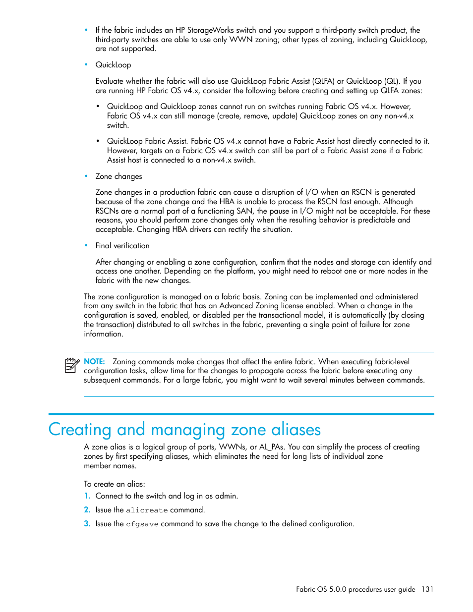 Creating and managing zone aliases, To create an alias | HP Brocade 4Gb SAN Switch for HP BladeSystem p-Class User Manual | Page 131 / 270