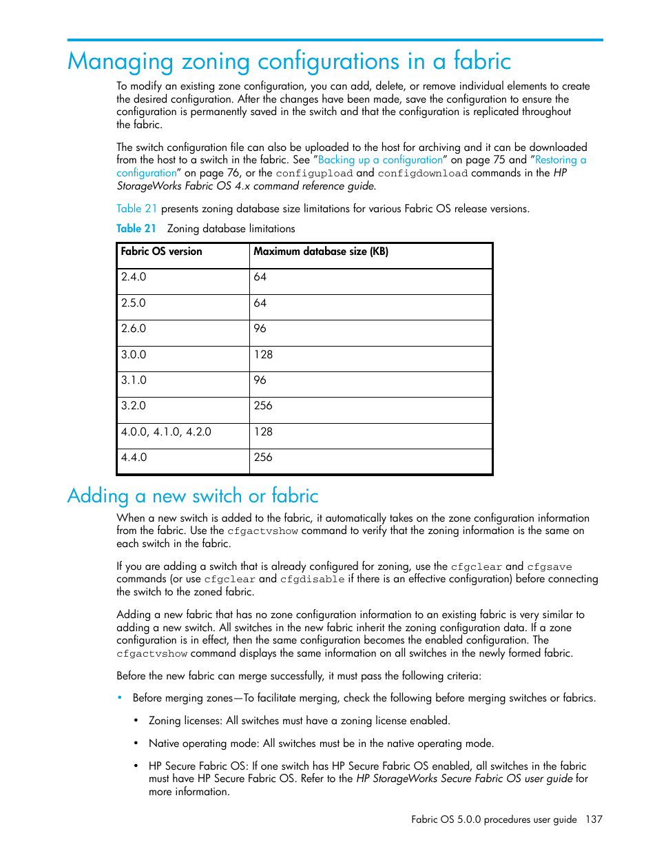 Managing zoning configurations in a fabric, Table 21 zoning database limitations, Adding a new switch or fabric | 21 zoning database limitations | HP Brocade 4Gb SAN Switch for HP BladeSystem p-Class User Manual | Page 137 / 270