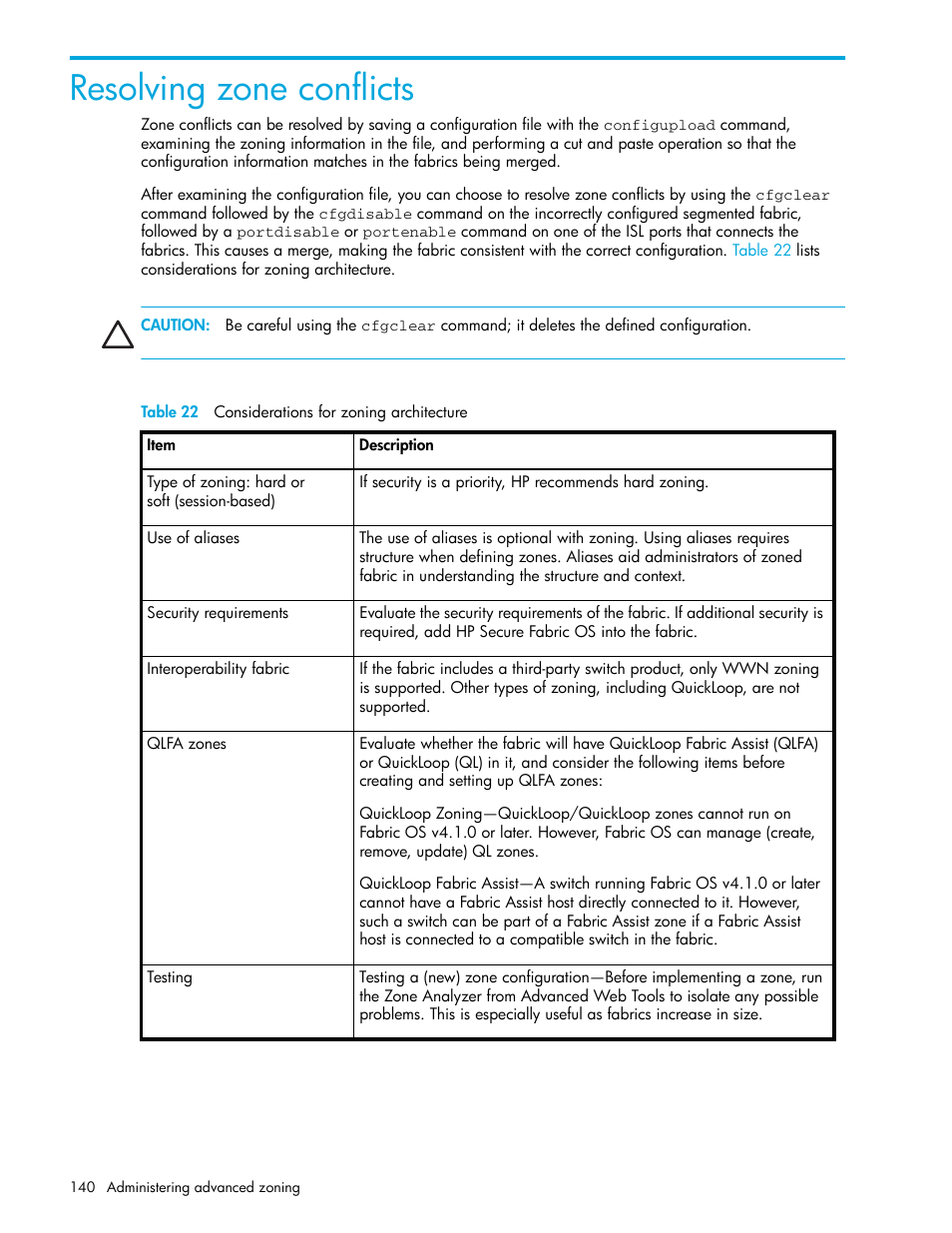 Resolving zone conflicts, Table 22 considerations for zoning architecture, 22 considerations for zoning architecture | HP Brocade 4Gb SAN Switch for HP BladeSystem p-Class User Manual | Page 140 / 270