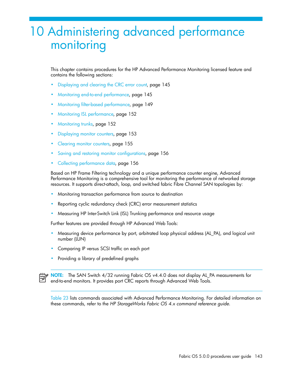 Administering advanced performance monitoring, 10 administering advanced performance monitoring, Administering advanced performance | Monitoring | HP Brocade 4Gb SAN Switch for HP BladeSystem p-Class User Manual | Page 143 / 270