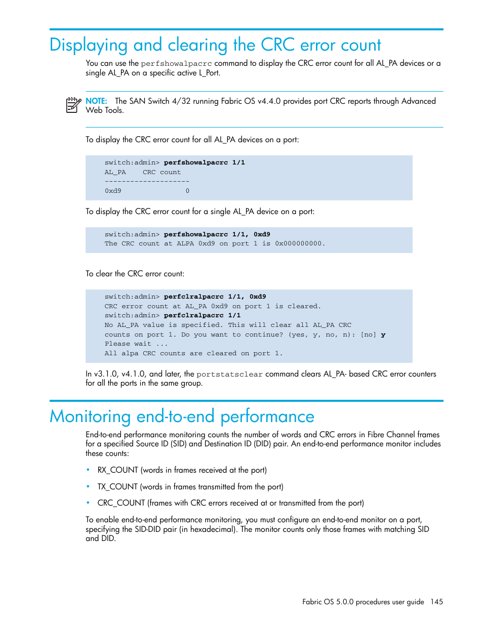 Displaying and clearing the crc error count, Monitoring end-to-end performance | HP Brocade 4Gb SAN Switch for HP BladeSystem p-Class User Manual | Page 145 / 270