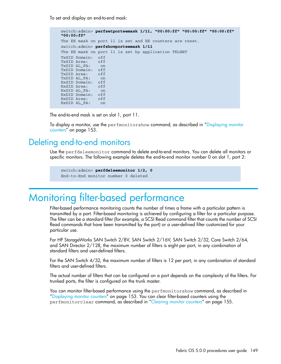 Deleting end-to-end monitors, Monitoring filter-based performance | HP Brocade 4Gb SAN Switch for HP BladeSystem p-Class User Manual | Page 149 / 270