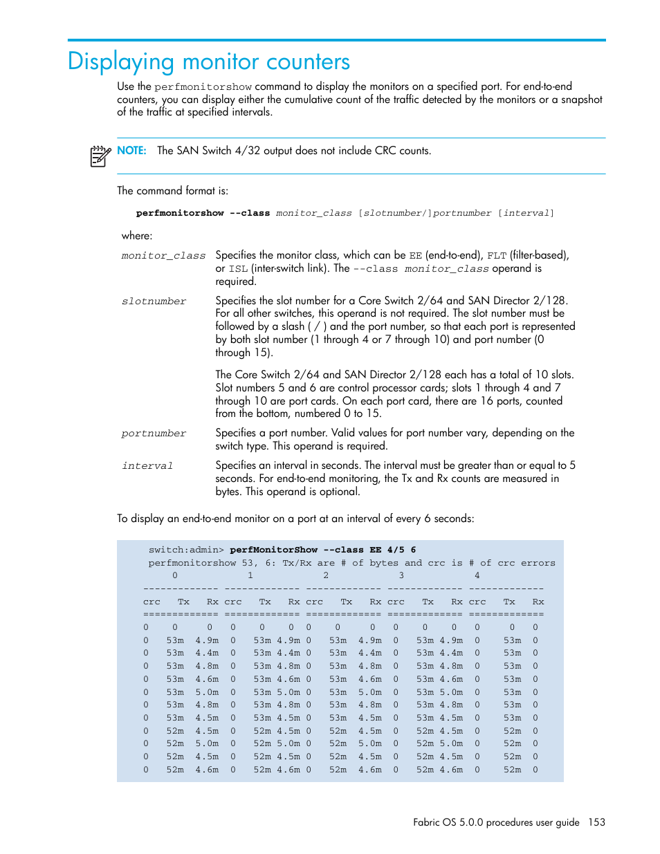 Displaying monitor counters, Bed in, Displaying monitor | Counters, Displaying, Monitor counters | HP Brocade 4Gb SAN Switch for HP BladeSystem p-Class User Manual | Page 153 / 270