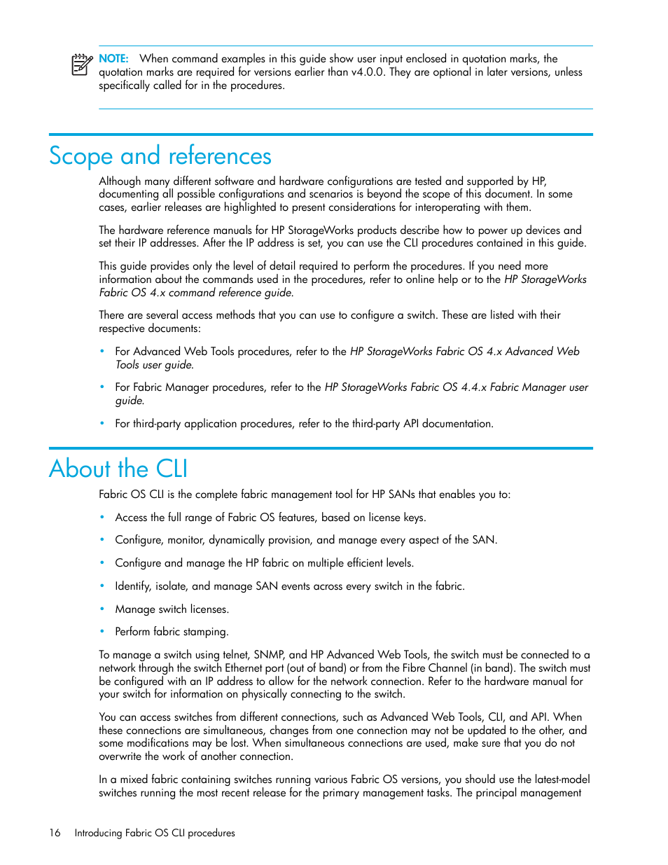 Scope and references, About the cli | HP Brocade 4Gb SAN Switch for HP BladeSystem p-Class User Manual | Page 16 / 270