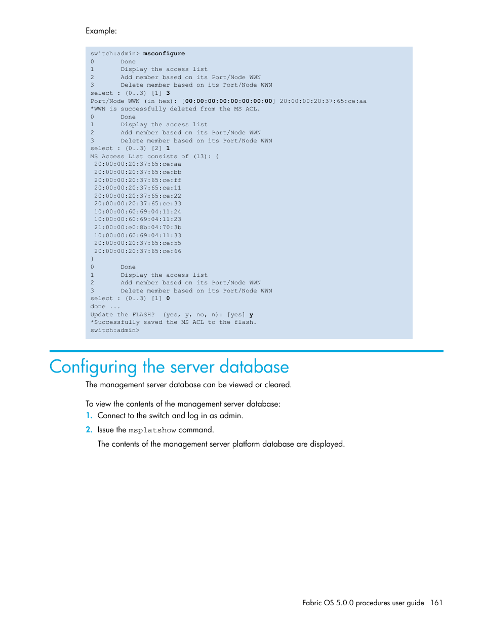 Configuring the server database | HP Brocade 4Gb SAN Switch for HP BladeSystem p-Class User Manual | Page 161 / 270