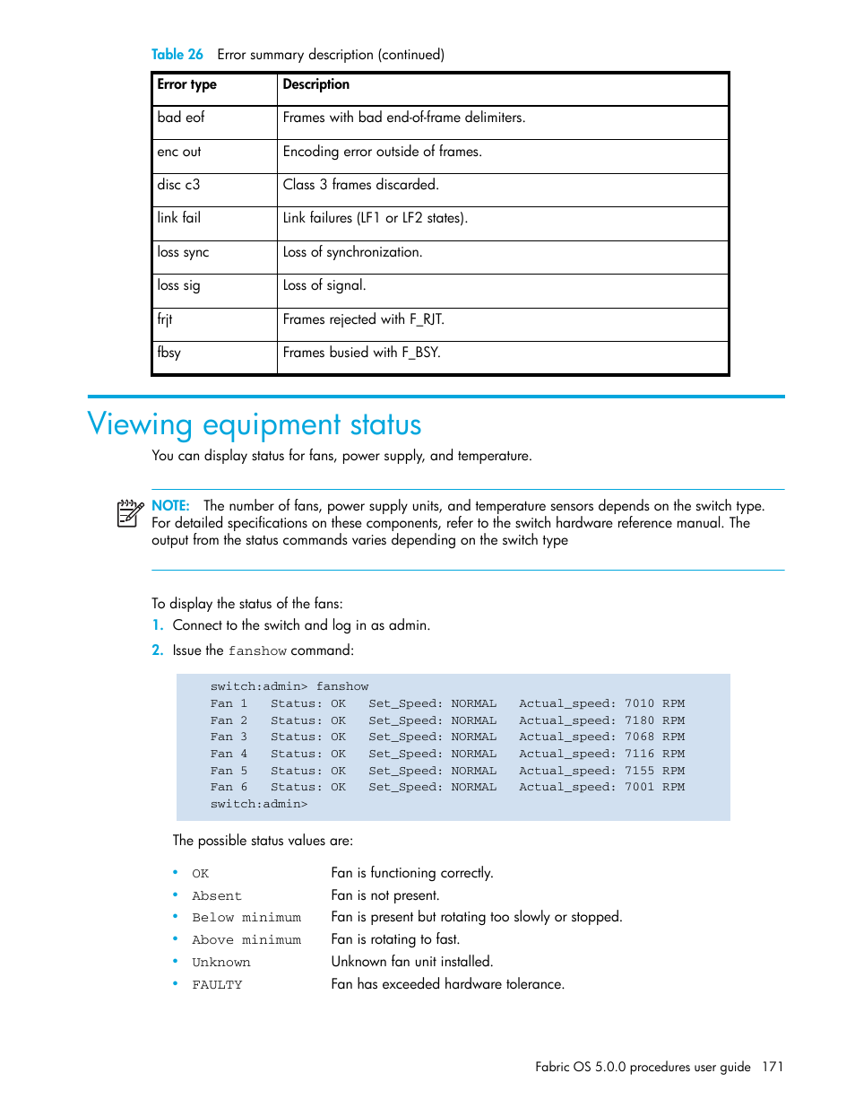 Viewing equipment status, To display the status of the fans | HP Brocade 4Gb SAN Switch for HP BladeSystem p-Class User Manual | Page 171 / 270