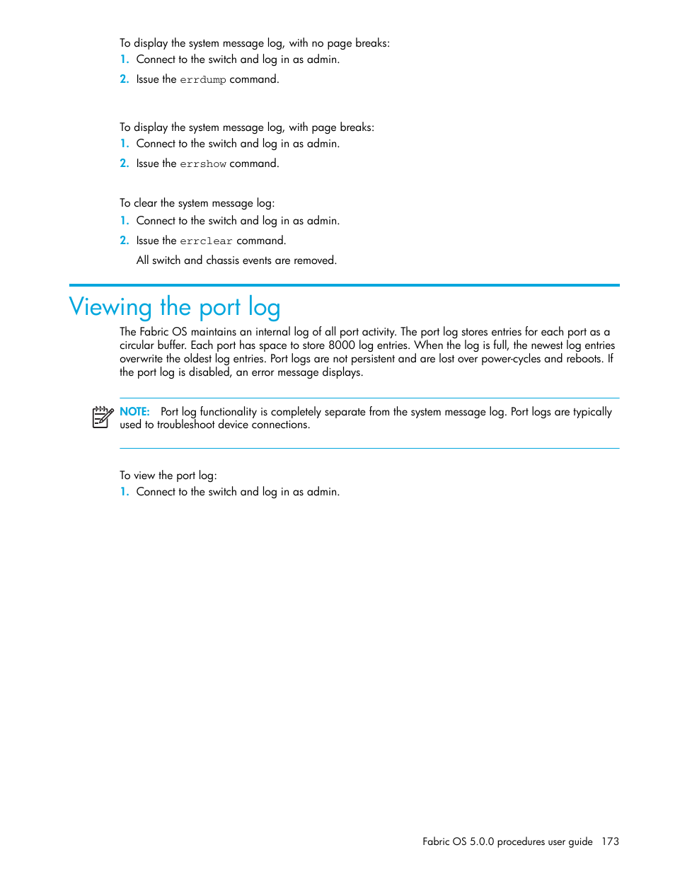 To clear the system message log, Viewing the port log, To view the port log | HP Brocade 4Gb SAN Switch for HP BladeSystem p-Class User Manual | Page 173 / 270