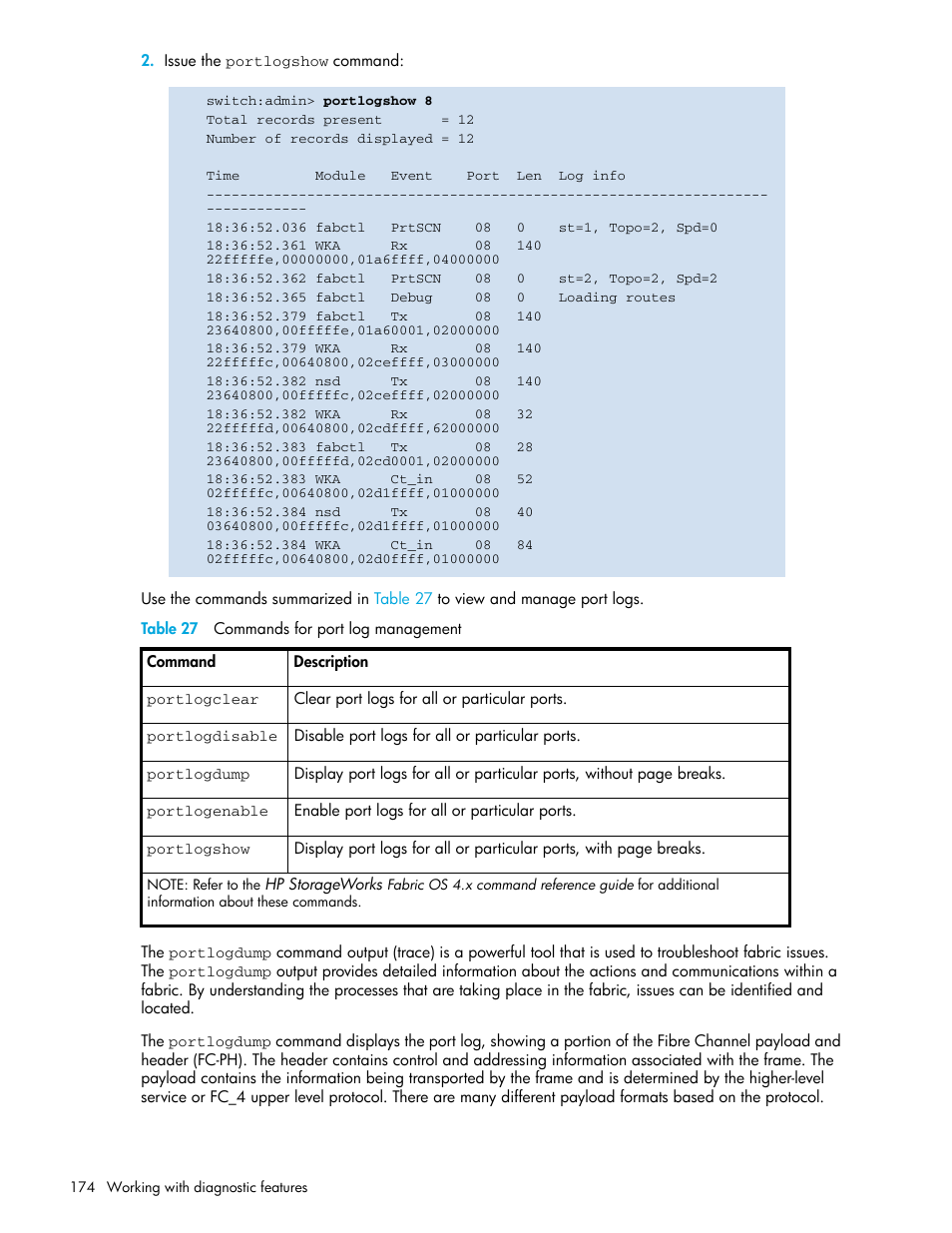 Table 27 commands for port log management, 27 commands for port log management | HP Brocade 4Gb SAN Switch for HP BladeSystem p-Class User Manual | Page 174 / 270