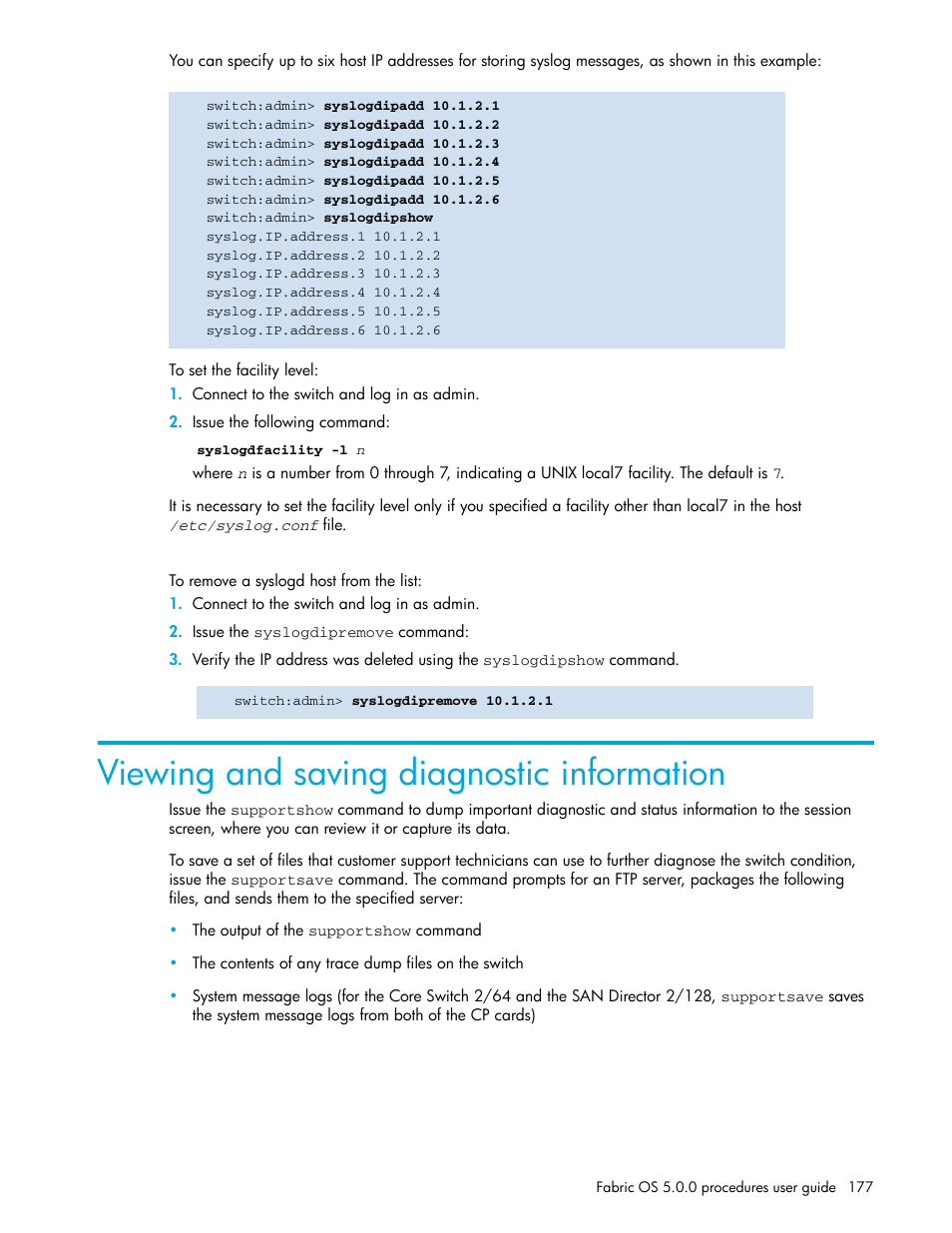 To set the facility level, To remove a syslogd host from the list, Viewing and saving diagnostic information | To set the facility, Level | HP Brocade 4Gb SAN Switch for HP BladeSystem p-Class User Manual | Page 177 / 270