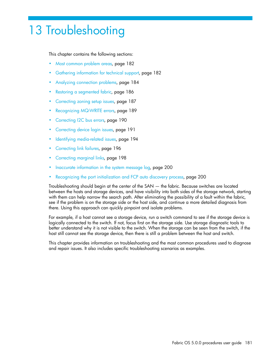 Troubleshooting, 13 troubleshooting | HP Brocade 4Gb SAN Switch for HP BladeSystem p-Class User Manual | Page 181 / 270