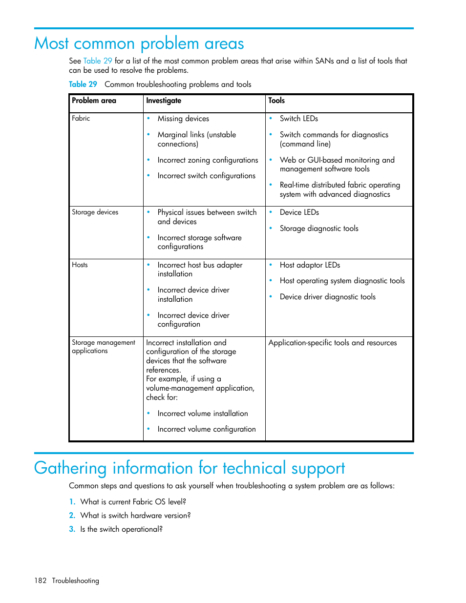 Most common problem areas, Table 29 common troubleshooting problems and tools, Gathering information for technical support | 29 common troubleshooting problems and tools | HP Brocade 4Gb SAN Switch for HP BladeSystem p-Class User Manual | Page 182 / 270