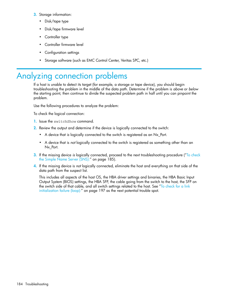 Analyzing connection problems | HP Brocade 4Gb SAN Switch for HP BladeSystem p-Class User Manual | Page 184 / 270