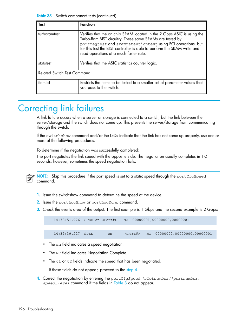 Correcting link failures | HP Brocade 4Gb SAN Switch for HP BladeSystem p-Class User Manual | Page 196 / 270