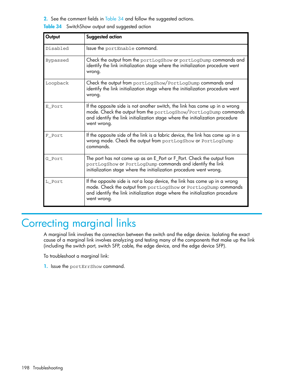 Table 34 switchshow output and suggested action, Correcting marginal links, 34 switchshow output and suggested action | HP Brocade 4Gb SAN Switch for HP BladeSystem p-Class User Manual | Page 198 / 270