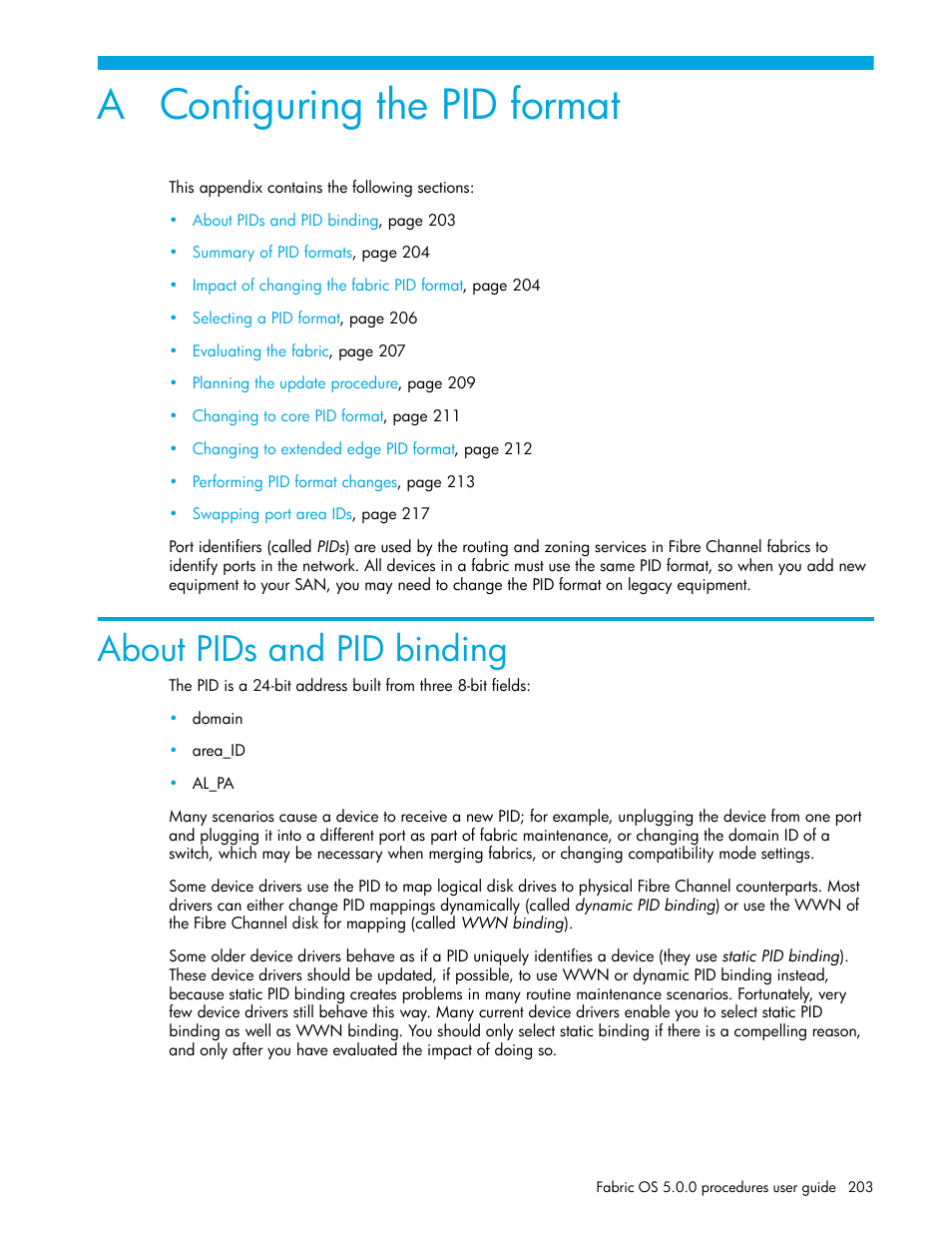 Configuring the pid format, About pids and pid binding, A configuring the pid format | HP Brocade 4Gb SAN Switch for HP BladeSystem p-Class User Manual | Page 203 / 270