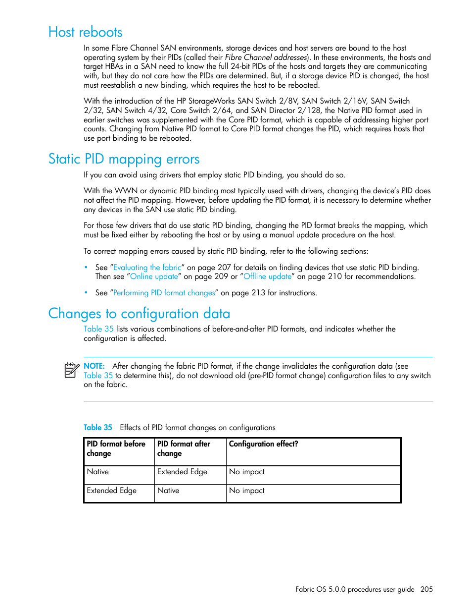 Host reboots, Static pid mapping errors, Changes to configuration data | 35 effects of pid format changes on configurations | HP Brocade 4Gb SAN Switch for HP BladeSystem p-Class User Manual | Page 205 / 270