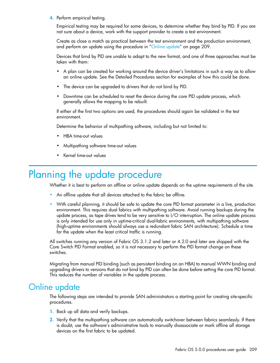 Planning the update procedure, Online update | HP Brocade 4Gb SAN Switch for HP BladeSystem p-Class User Manual | Page 209 / 270